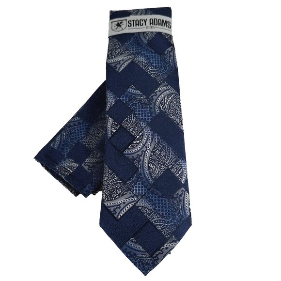 Stacy Adams Men Tie Hanky Navy Royal Blue Charcoal Gray Silver Plaids & Checks - Picture 4 of 4